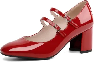 Alsoloveu Women's Mary Jane Shoes Patent Leather Retro Low Chunky Heels Pump Shoes for Women Double Ankle Strap Pumps