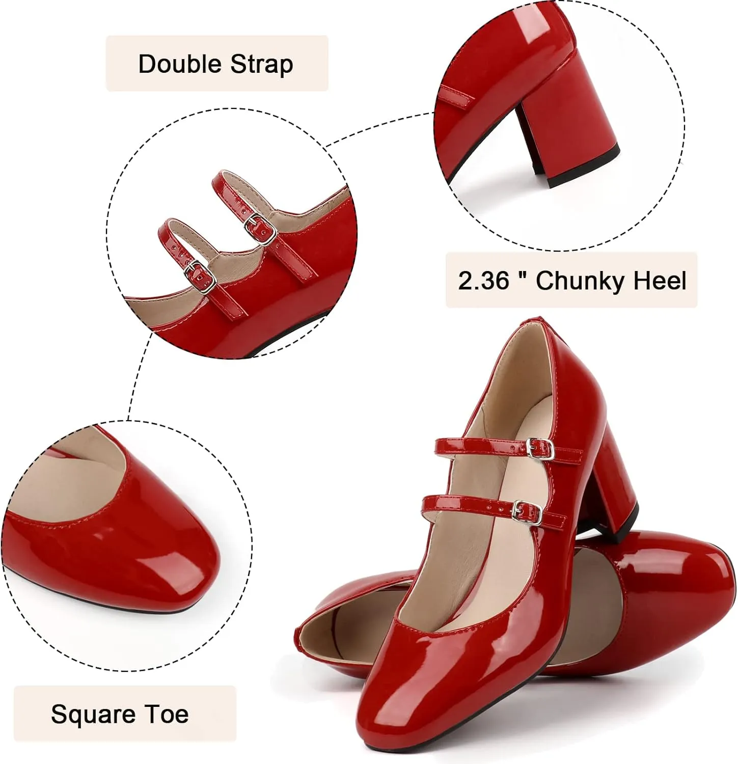 Alsoloveu Women's Mary Jane Shoes Patent Leather Retro Low Chunky Heels Pump Shoes for Women Double Ankle Strap Pumps