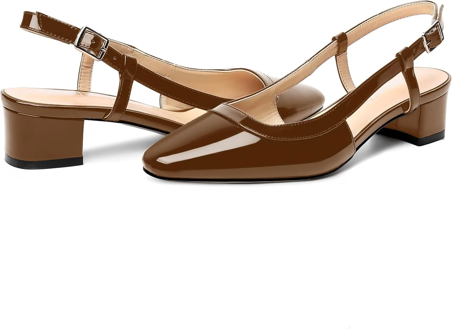 AMBELIGHT Womens Dating Patent Square Toe Buckle Adjustable Strap Sexy Block Low Heel Pumps Shoes 1.5 Inch