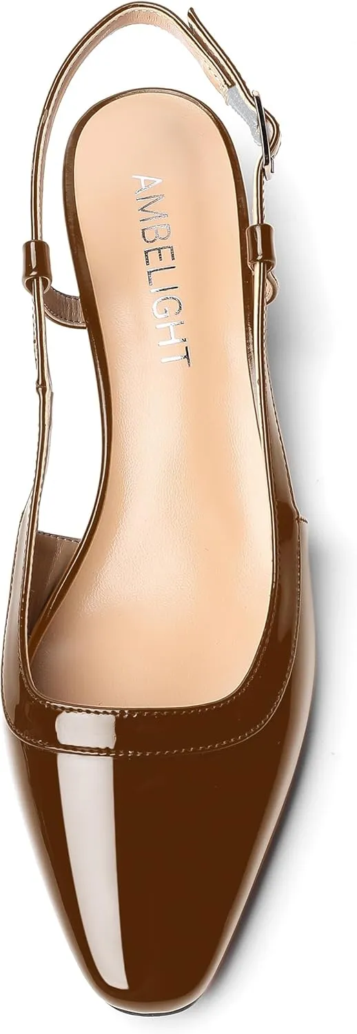 AMBELIGHT Womens Dating Patent Square Toe Buckle Adjustable Strap Sexy Block Low Heel Pumps Shoes 1.5 Inch