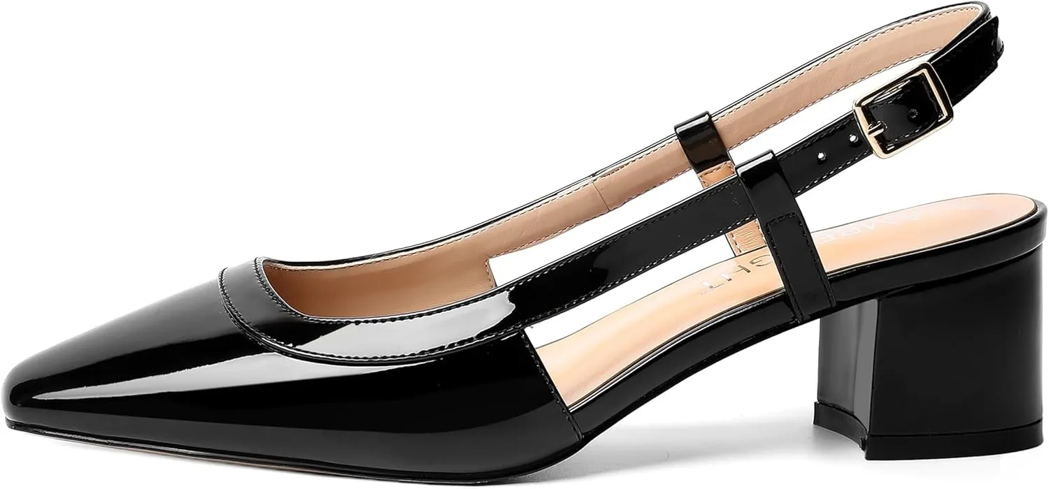 AMBELIGHT Womens Office Fashion Square Toe Patent Slingback Buckle Chunky Low Heel Pumps Shoes 2 Inch