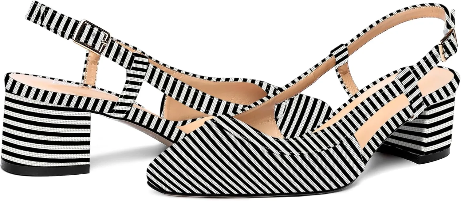 AMBELIGHT Womens Office Fashion Square Toe Patent Slingback Buckle Chunky Low Heel Pumps Shoes 2 Inch