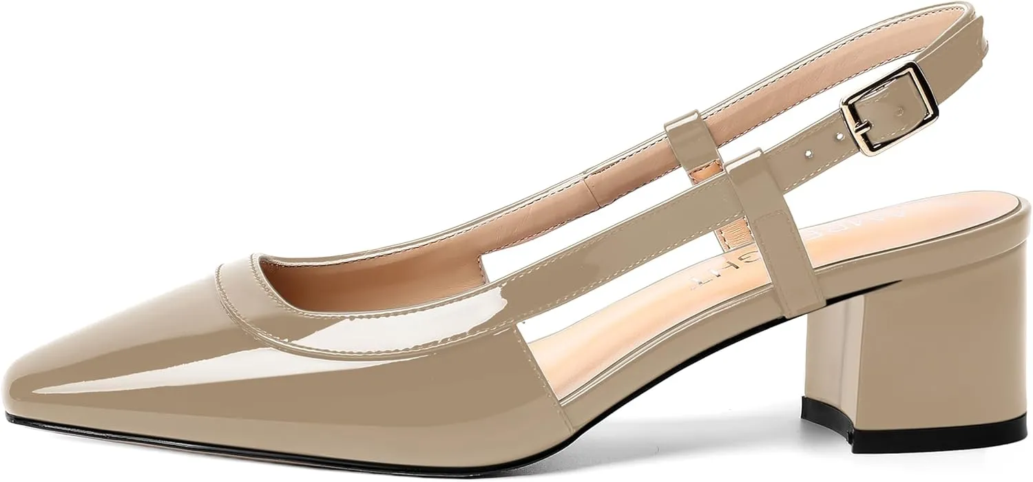 AMBELIGHT Womens Office Fashion Square Toe Patent Slingback Buckle Chunky Low Heel Pumps Shoes 2 Inch