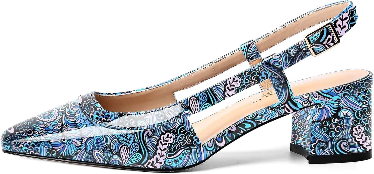 AMBELIGHT Womens Office Fashion Square Toe Patent Slingback Buckle Chunky Low Heel Pumps Shoes 2 Inch