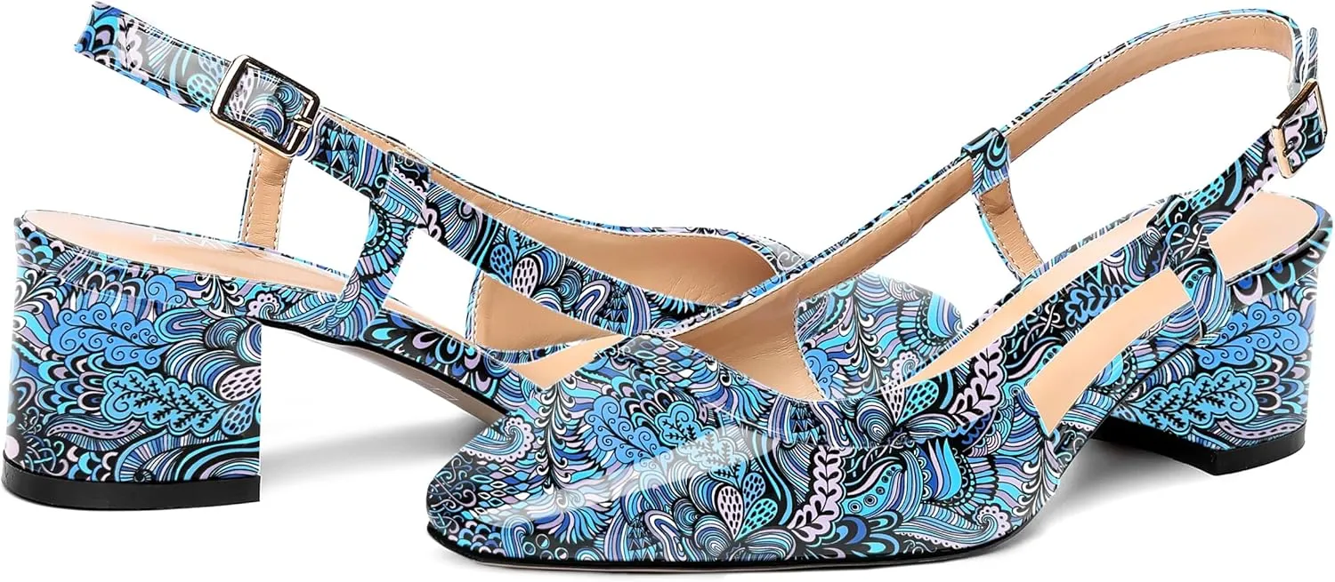 AMBELIGHT Womens Office Fashion Square Toe Patent Slingback Buckle Chunky Low Heel Pumps Shoes 2 Inch