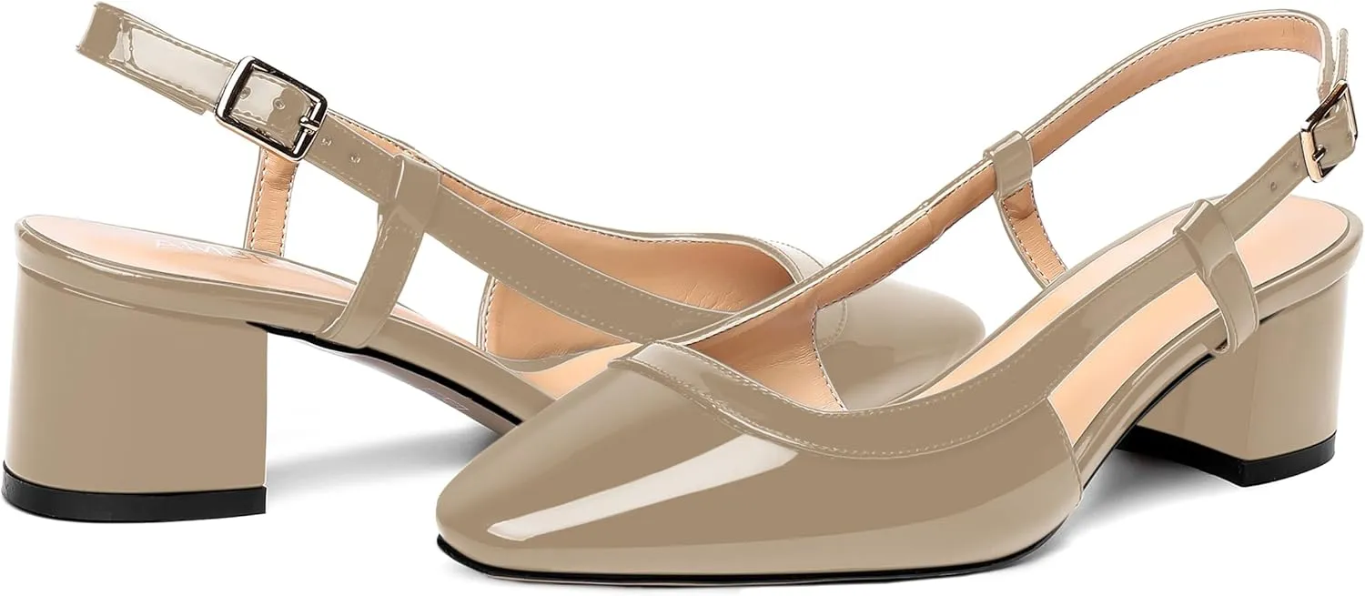 AMBELIGHT Womens Office Fashion Square Toe Patent Slingback Buckle Chunky Low Heel Pumps Shoes 2 Inch