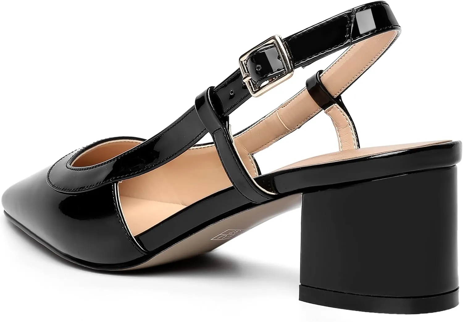 AMBELIGHT Womens Office Fashion Square Toe Patent Slingback Buckle Chunky Low Heel Pumps Shoes 2 Inch