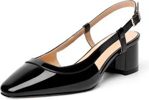 AMBELIGHT Womens Office Fashion Square Toe Patent Slingback Buckle Chunky Low Heel Pumps Shoes 2 Inch