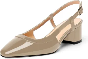 AMBELIGHT Womens Office Fashion Square Toe Patent Slingback Buckle Chunky Low Heel Pumps Shoes 2 Inch