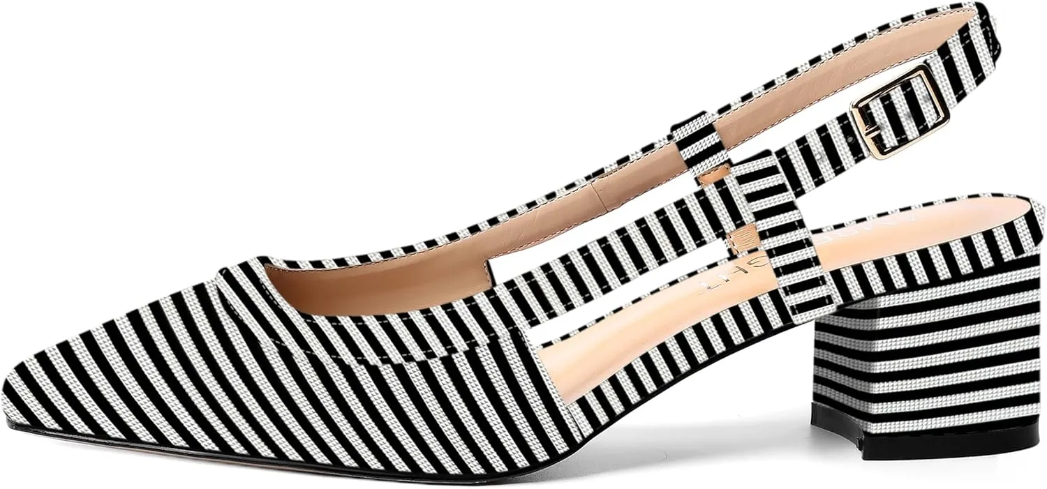 AMBELIGHT Womens Office Fashion Square Toe Patent Slingback Buckle Chunky Low Heel Pumps Shoes 2 Inch