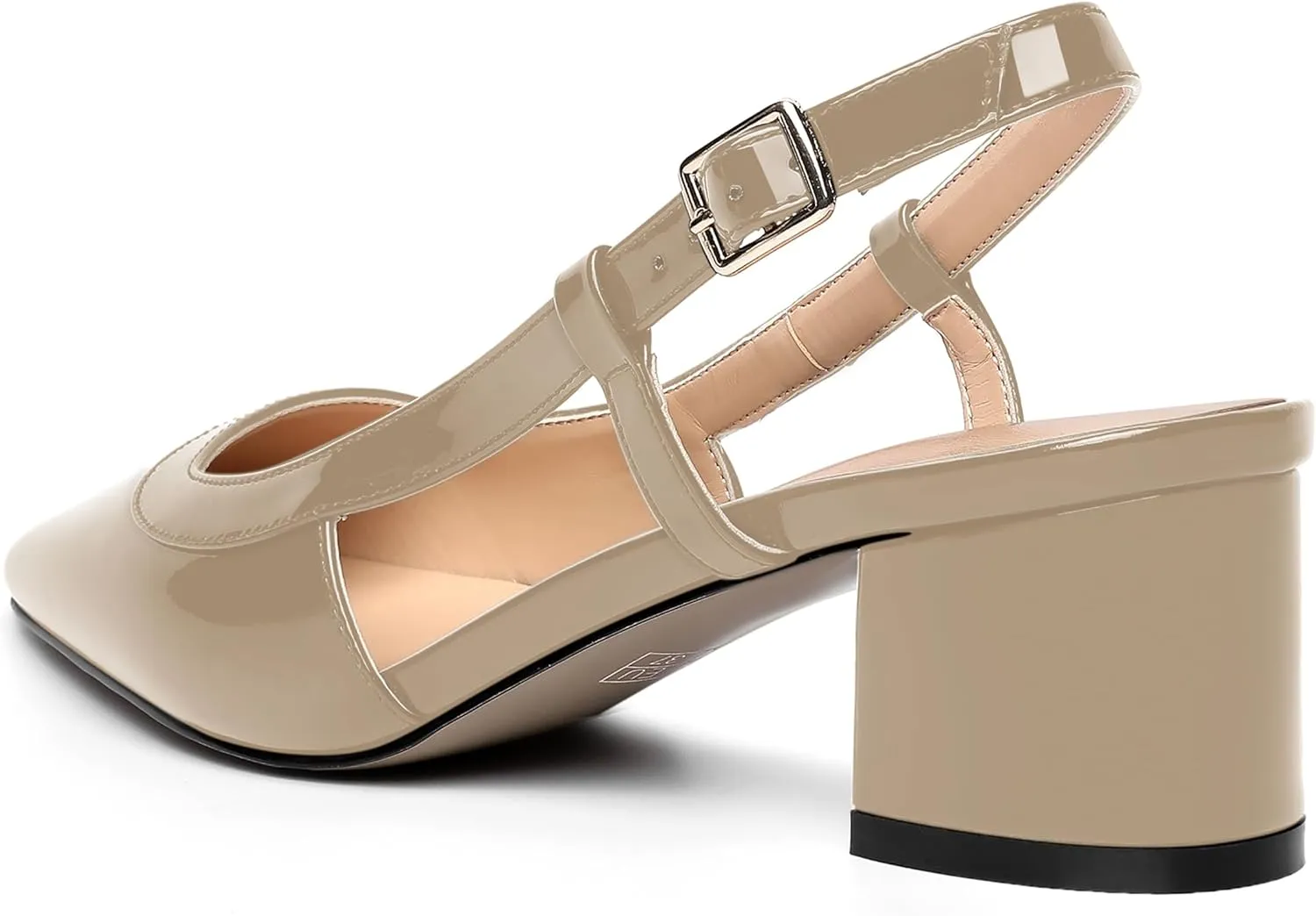 AMBELIGHT Womens Office Fashion Square Toe Patent Slingback Buckle Chunky Low Heel Pumps Shoes 2 Inch