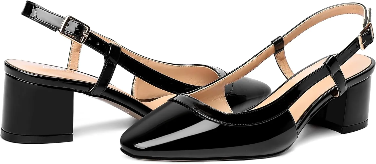 AMBELIGHT Womens Office Fashion Square Toe Patent Slingback Buckle Chunky Low Heel Pumps Shoes 2 Inch