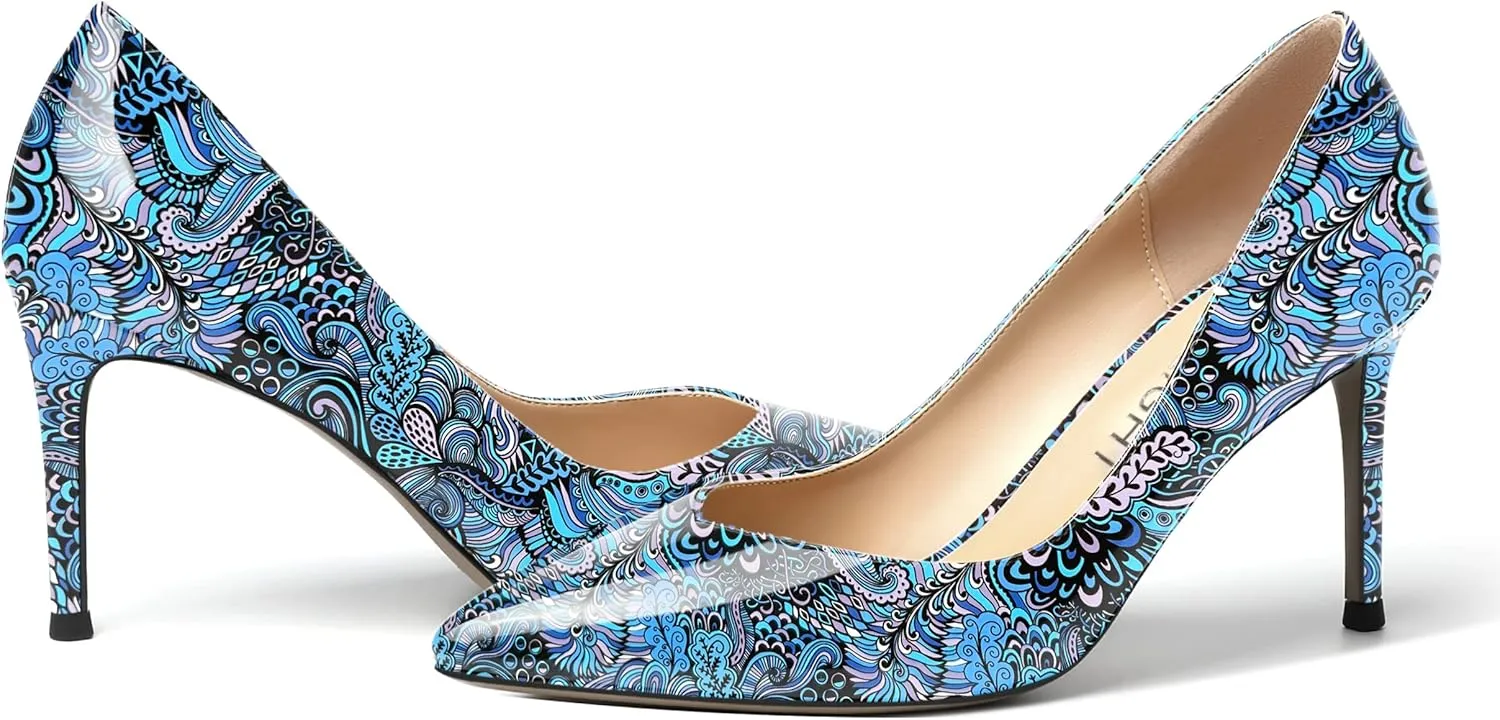 AMBELIGHT Womens Patent Pointed Toe Slip On Dating Dress Ankle Strap Stiletto High Heel Pumps Shoes 3.3 Inch