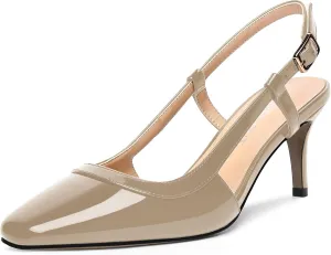 AMBELIGHT Womens Slingback Patent Dress Square Toe Buckle Dating Stiletto Mid Heel Pumps Shoes 2.5 Inch