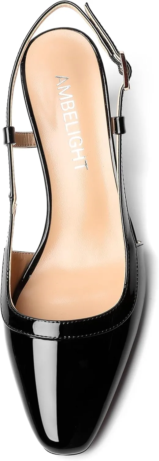 AMBELIGHT Womens Slingback Patent Dress Square Toe Buckle Dating Stiletto Mid Heel Pumps Shoes 2.5 Inch