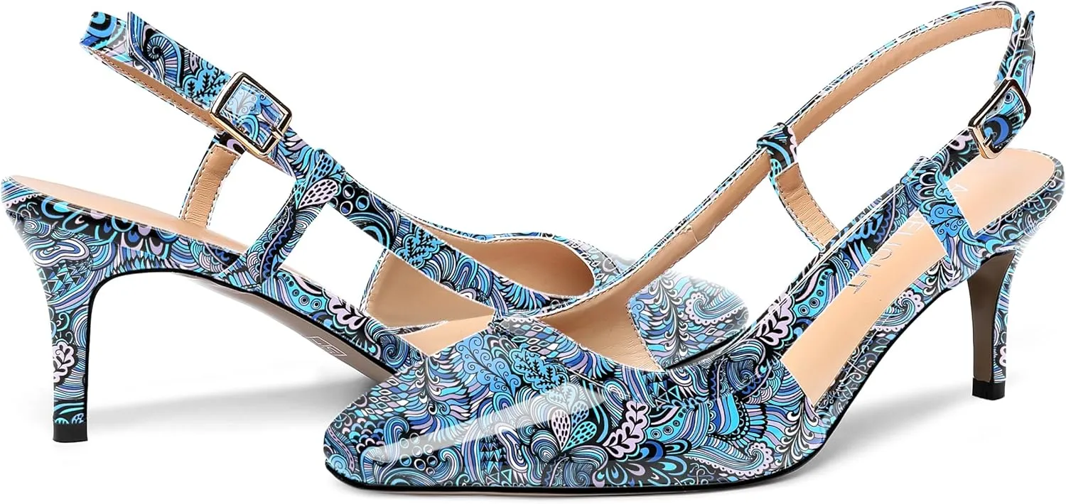 AMBELIGHT Womens Slingback Patent Dress Square Toe Buckle Dating Stiletto Mid Heel Pumps Shoes 2.5 Inch