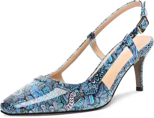 AMBELIGHT Womens Slingback Patent Dress Square Toe Buckle Dating Stiletto Mid Heel Pumps Shoes 2.5 Inch