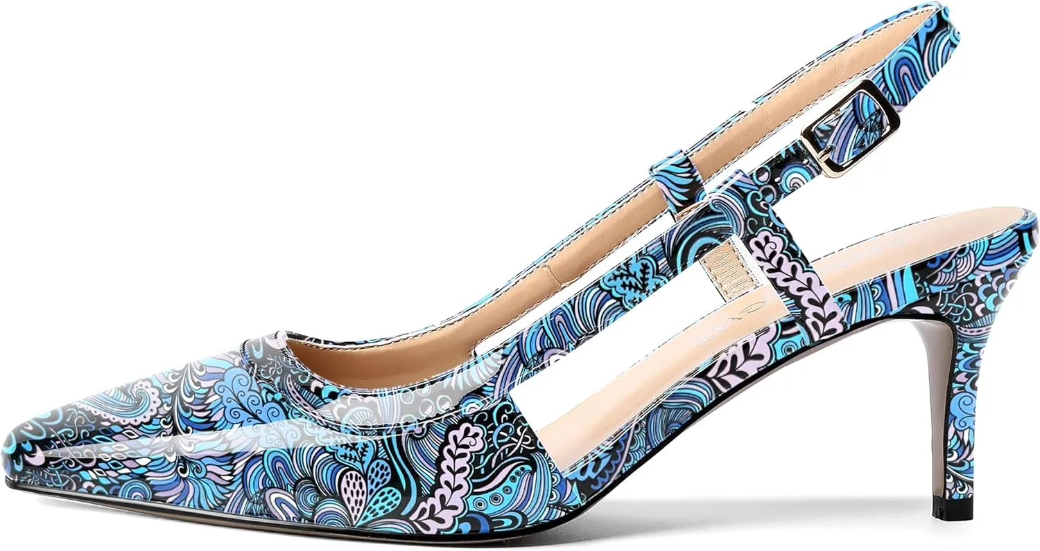 AMBELIGHT Womens Slingback Patent Dress Square Toe Buckle Dating Stiletto Mid Heel Pumps Shoes 2.5 Inch