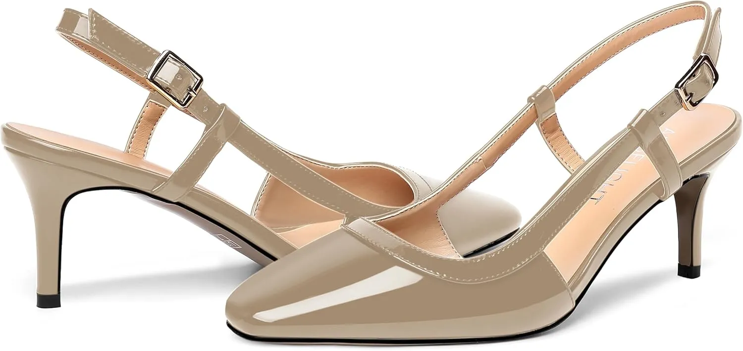 AMBELIGHT Womens Slingback Patent Dress Square Toe Buckle Dating Stiletto Mid Heel Pumps Shoes 2.5 Inch