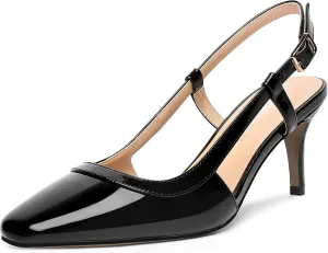 AMBELIGHT Womens Slingback Patent Dress Square Toe Buckle Dating Stiletto Mid Heel Pumps Shoes 2.5 Inch