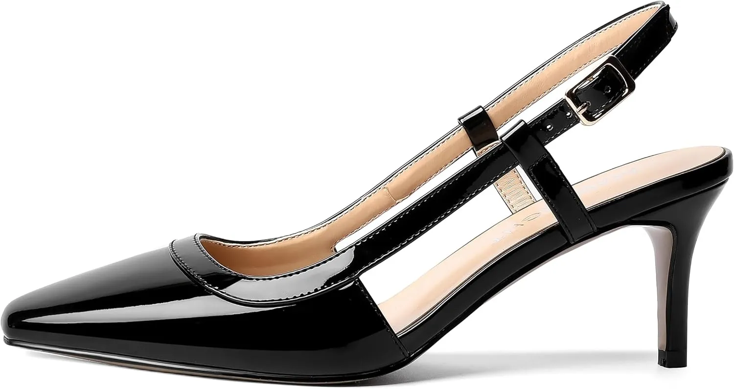 AMBELIGHT Womens Slingback Patent Dress Square Toe Buckle Dating Stiletto Mid Heel Pumps Shoes 2.5 Inch