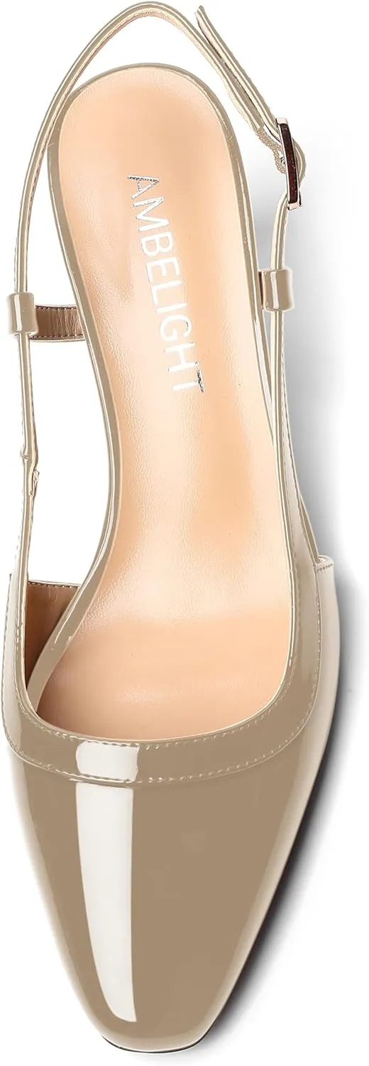 AMBELIGHT Womens Slingback Patent Dress Square Toe Buckle Dating Stiletto Mid Heel Pumps Shoes 2.5 Inch