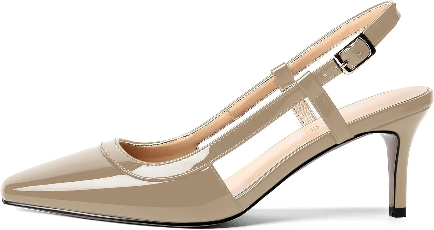 AMBELIGHT Womens Slingback Patent Dress Square Toe Buckle Dating Stiletto Mid Heel Pumps Shoes 2.5 Inch