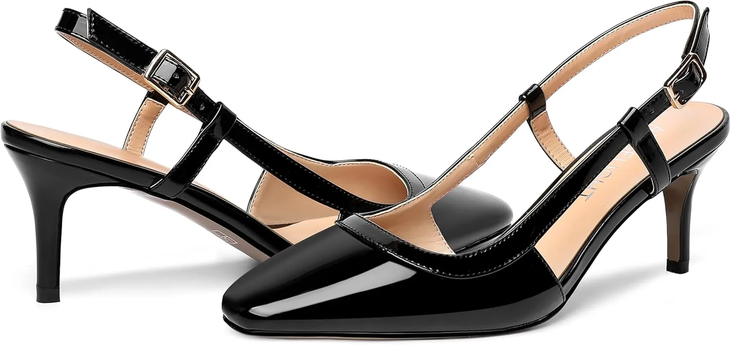 AMBELIGHT Womens Slingback Patent Dress Square Toe Buckle Dating Stiletto Mid Heel Pumps Shoes 2.5 Inch