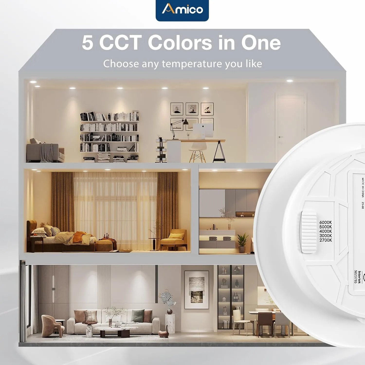Amico Recessed Lighting 5/6 Inch, 12 Pack 5CCT Flat LED Can Lights, 2700K/3000K/4000K/5000K/6000K Selectable,12W Eqv 110W, 1050LM Brightness, Retrofit Installation - ETL & FCC, White