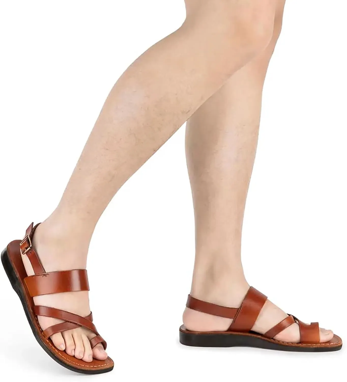 Amos - Leather Ankle Strap Flat Sandal - Mens Sandals