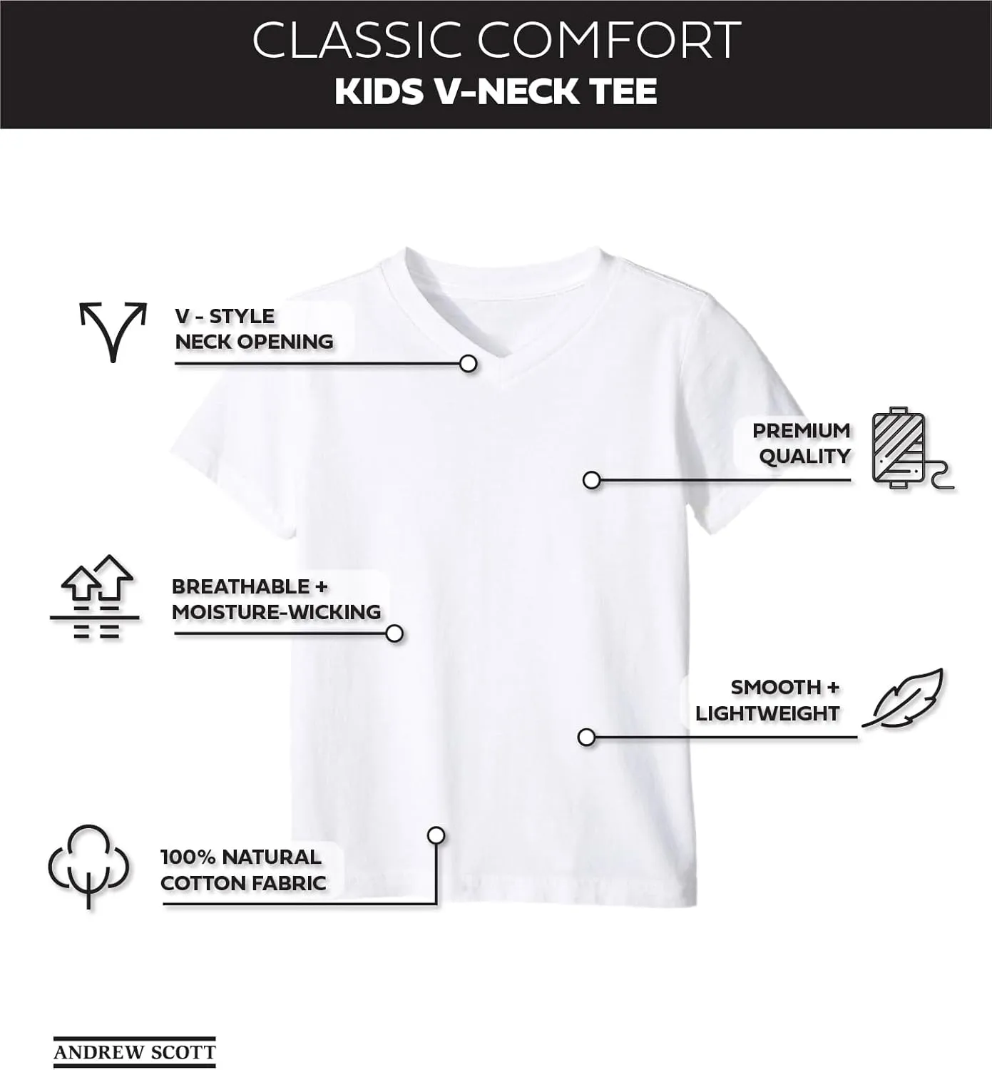 Andrew Scott Boys'12 Pack V Neck T Shirt Cotton Color Undershirts - Bonus Pack of 12