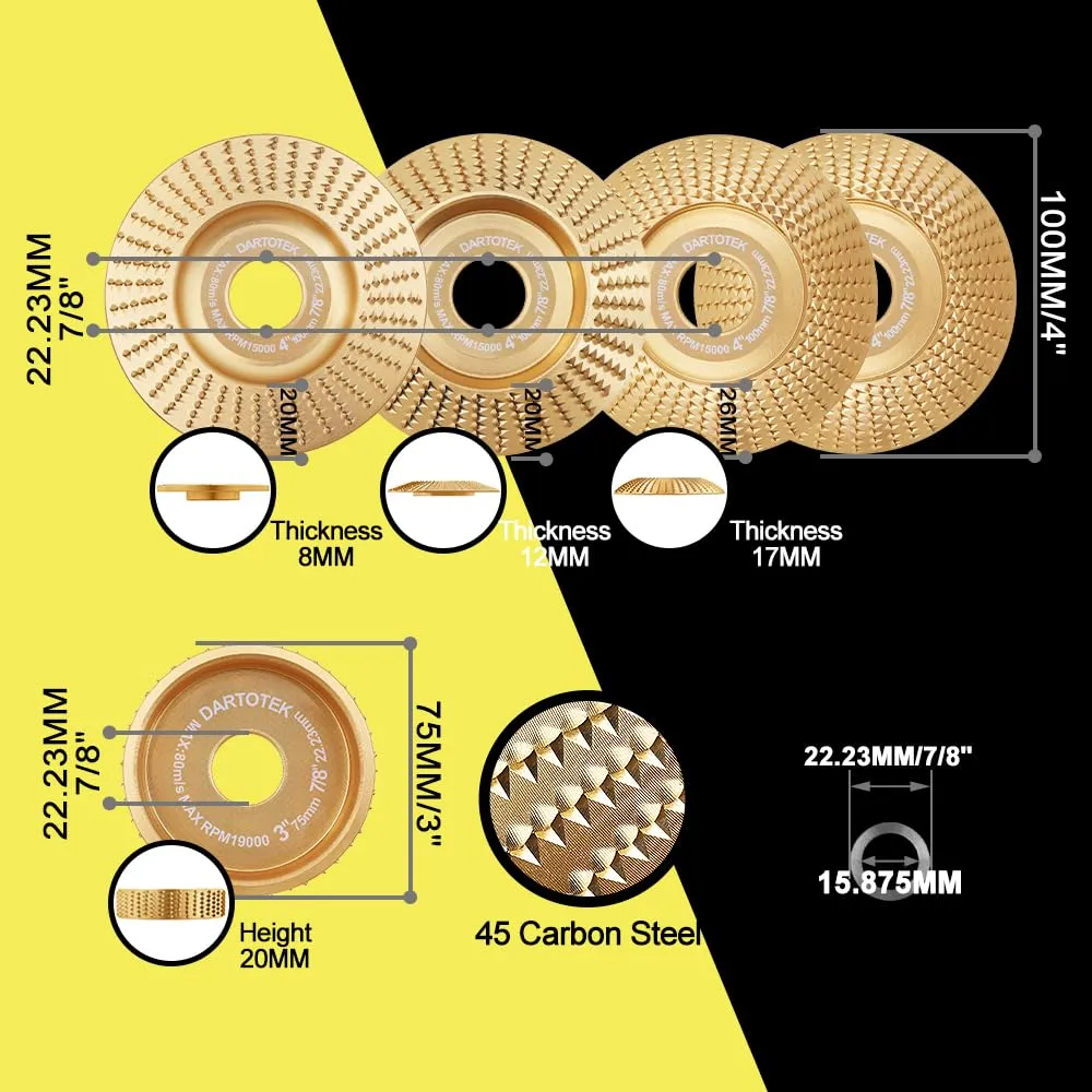 Angle Grinder Wood Carving Disc 5PCS DARTOTEK Wood Shaper Carving Wheel Set，for 4 inch or 4-1/2 inch Angle Grinder with 5/8 inch Arbor Stump Grinding Shaping Disc Wood Shaping Tools Attachments