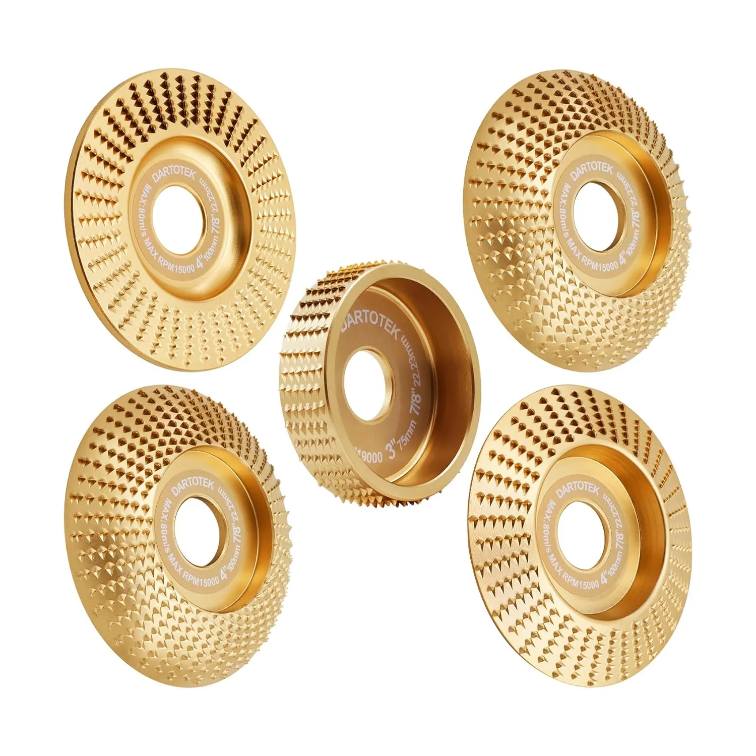 Angle Grinder Wood Carving Disc 5PCS DARTOTEK Wood Shaper Carving Wheel Set，for 4 inch or 4-1/2 inch Angle Grinder with 5/8 inch Arbor Stump Grinding Shaping Disc Wood Shaping Tools Attachments