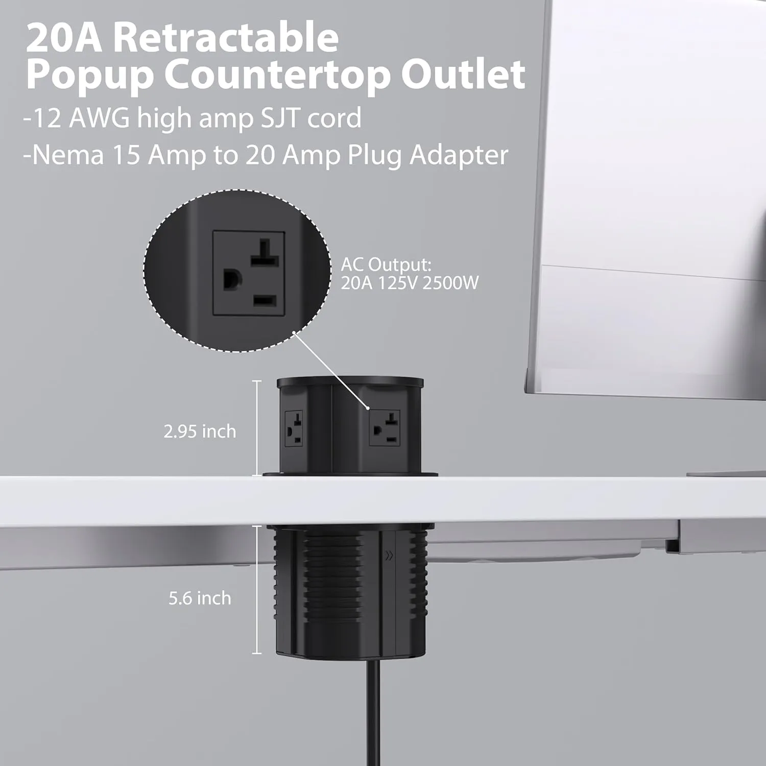 ANNQUAN 20 Amp Pop Up Countertop Outlet with 15W Wireless Charger,Max 65W Power Delivery,4.75" Pop Up Electrical Outlet with 3 Outlets 3 USB Ports for Home Office