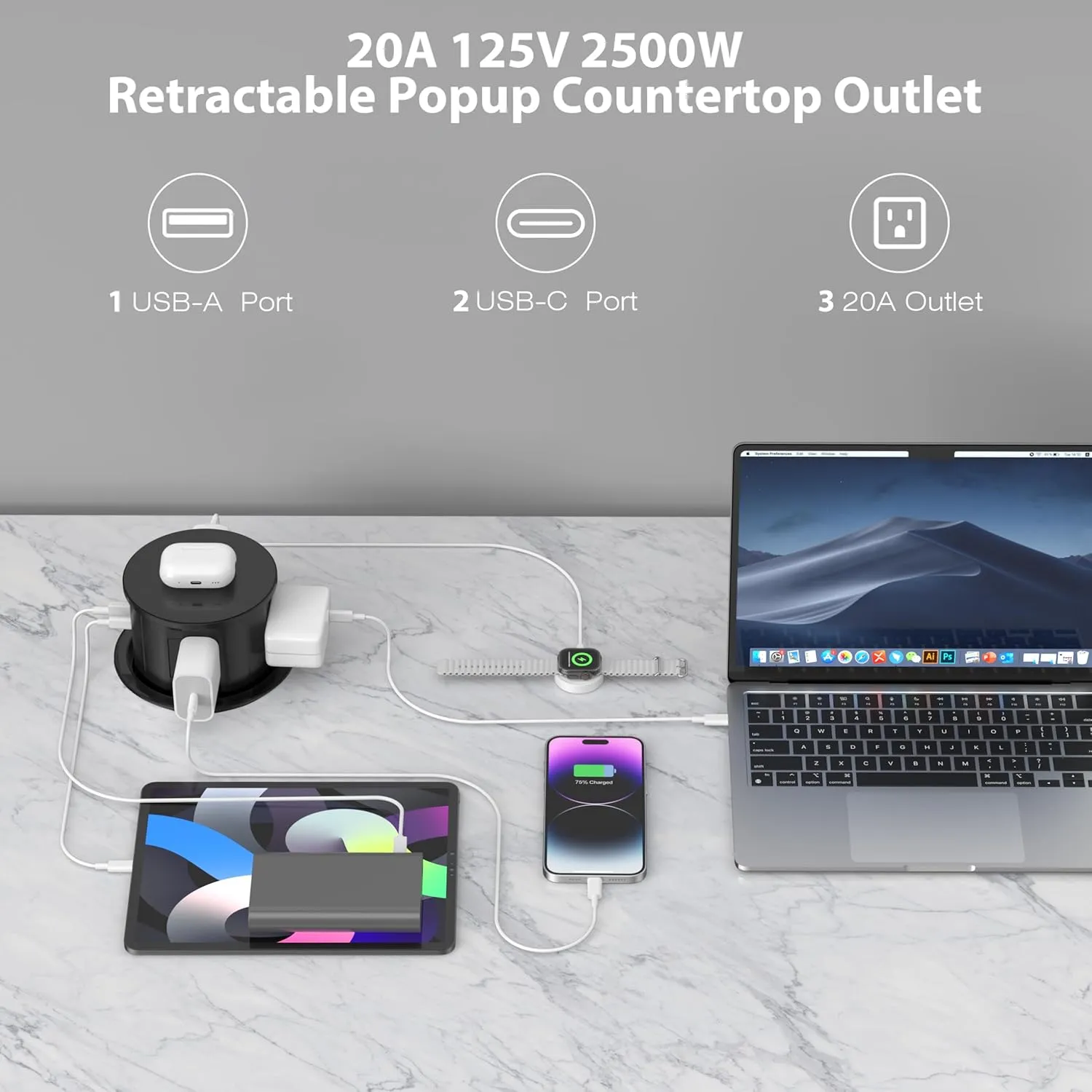 ANNQUAN 20 Amp Pop Up Countertop Outlet with 15W Wireless Charger,Max 65W Power Delivery,4.75" Pop Up Electrical Outlet with 3 Outlets 3 USB Ports for Home Office