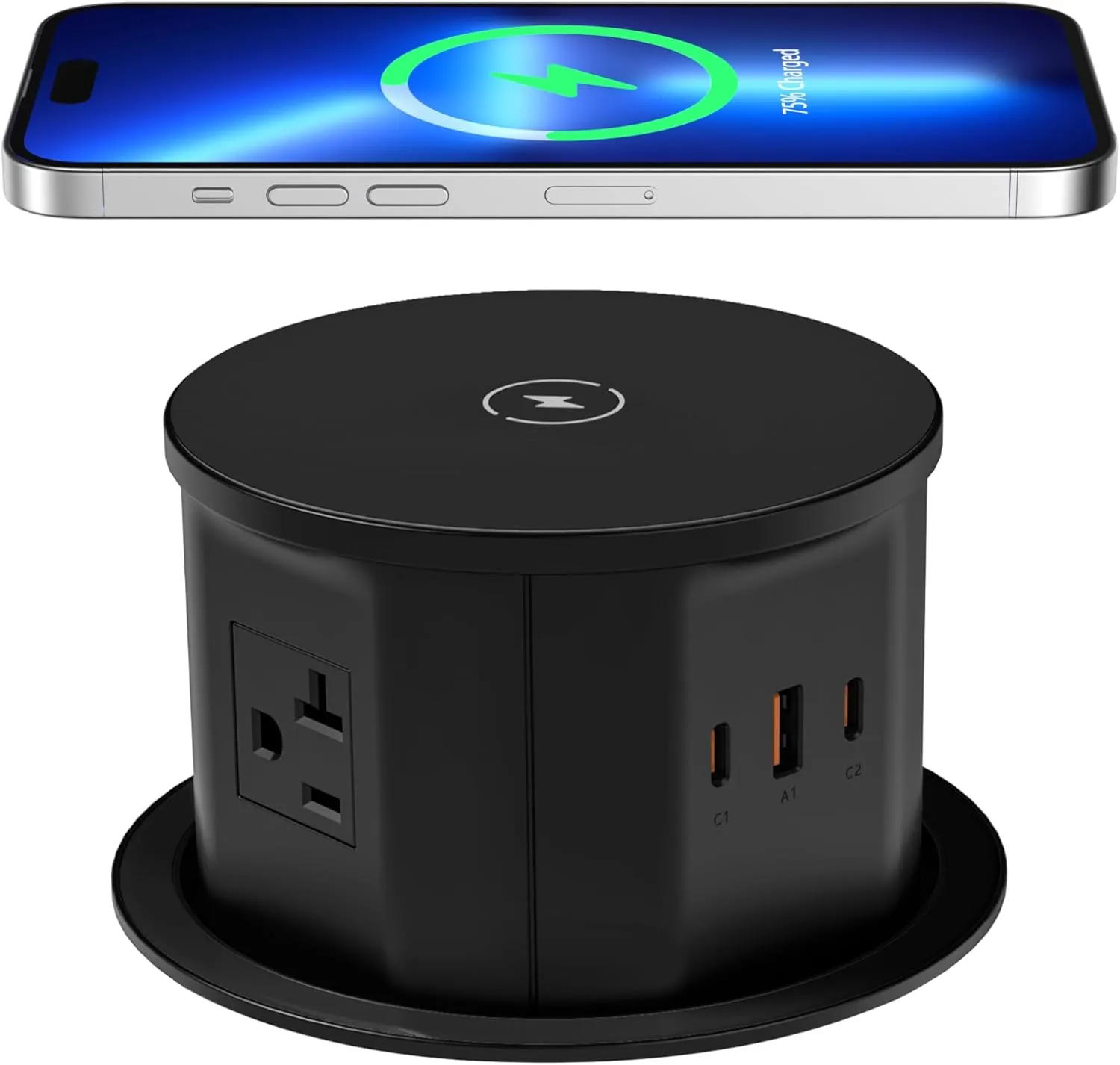 ANNQUAN 20 Amp Pop Up Countertop Outlet with 15W Wireless Charger,Max 65W Power Delivery,4.75" Pop Up Electrical Outlet with 3 Outlets 3 USB Ports for Home Office