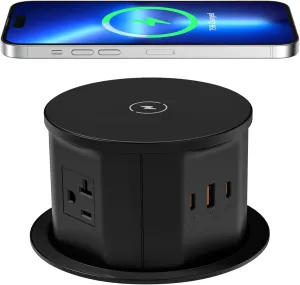 ANNQUAN 20 Amp Pop Up Countertop Outlet with 15W Wireless Charger,Max 65W Power Delivery,4.75" Pop Up Electrical Outlet with 3 Outlets 3 USB Ports for Home Office