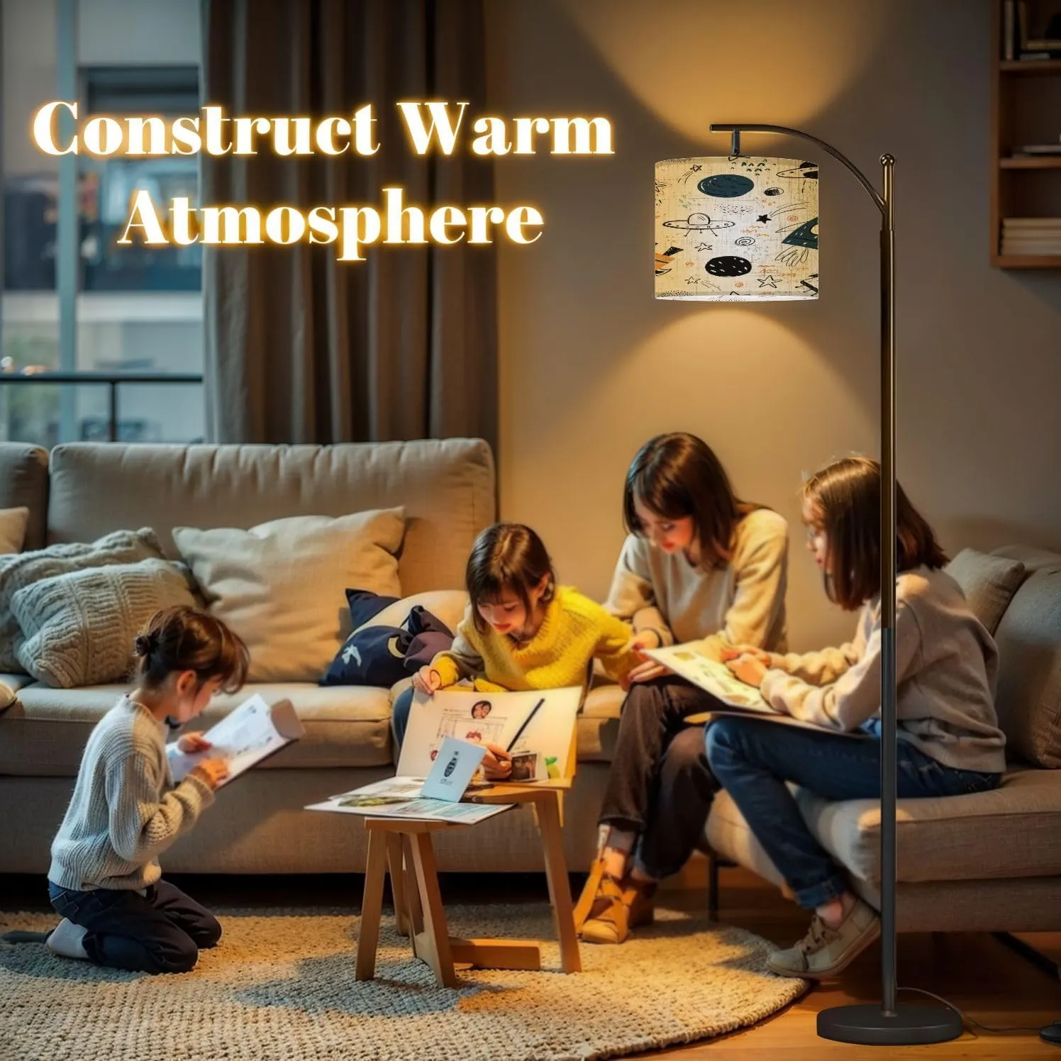 Arc Floor Lamps Hand Drawn Seamless Repeating Color Simple Flat Pattern Different Modern LED Adjustable Lampshade Standing Light for Living Room Reading Bedroom Office