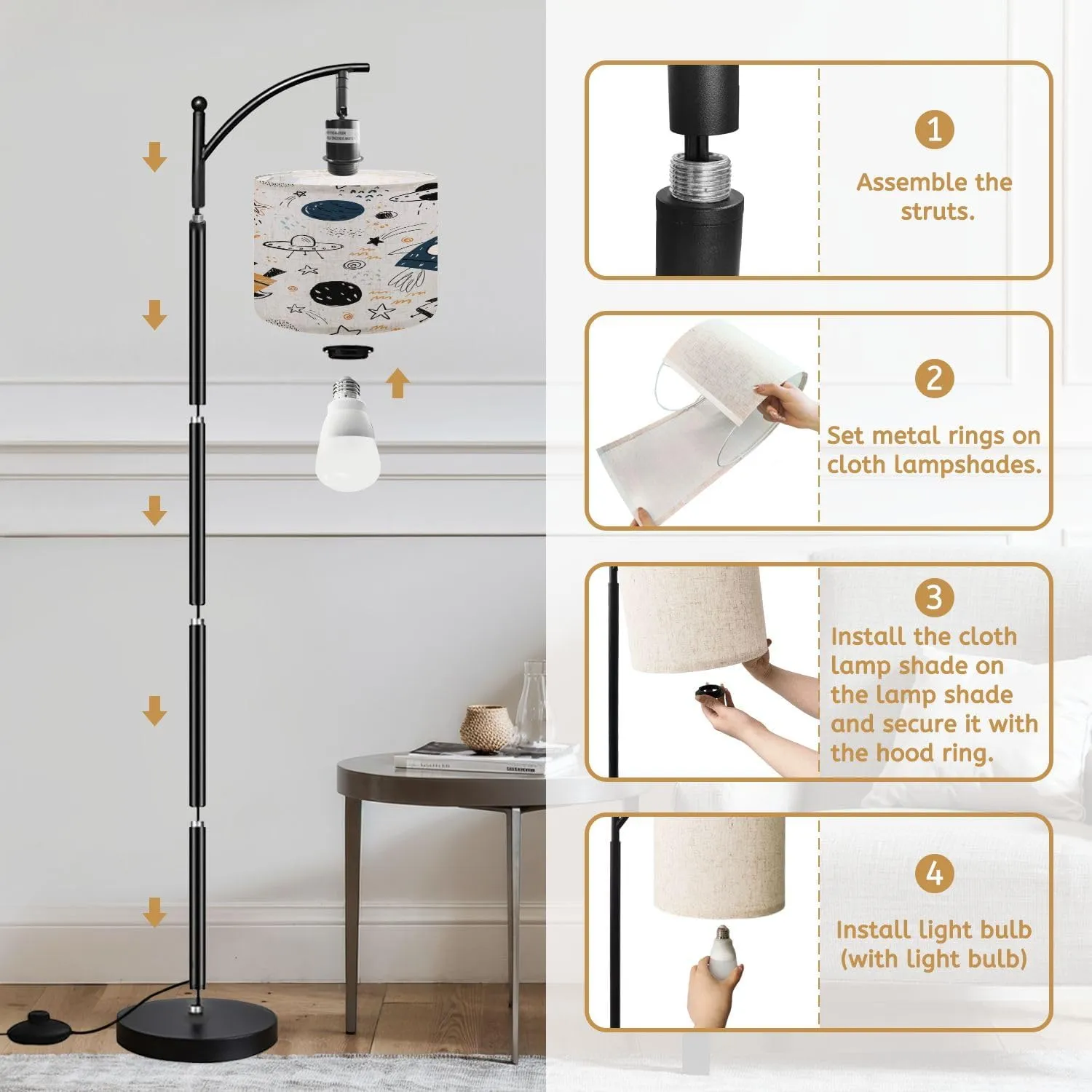 Arc Floor Lamps Hand Drawn Seamless Repeating Color Simple Flat Pattern Different Modern LED Adjustable Lampshade Standing Light for Living Room Reading Bedroom Office