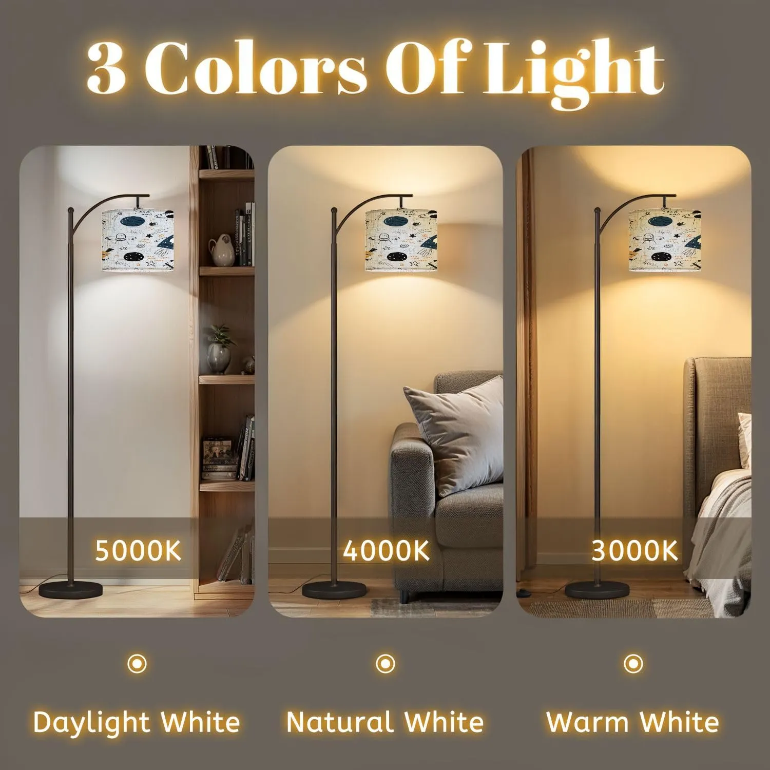 Arc Floor Lamps Hand Drawn Seamless Repeating Color Simple Flat Pattern Different Modern LED Adjustable Lampshade Standing Light for Living Room Reading Bedroom Office