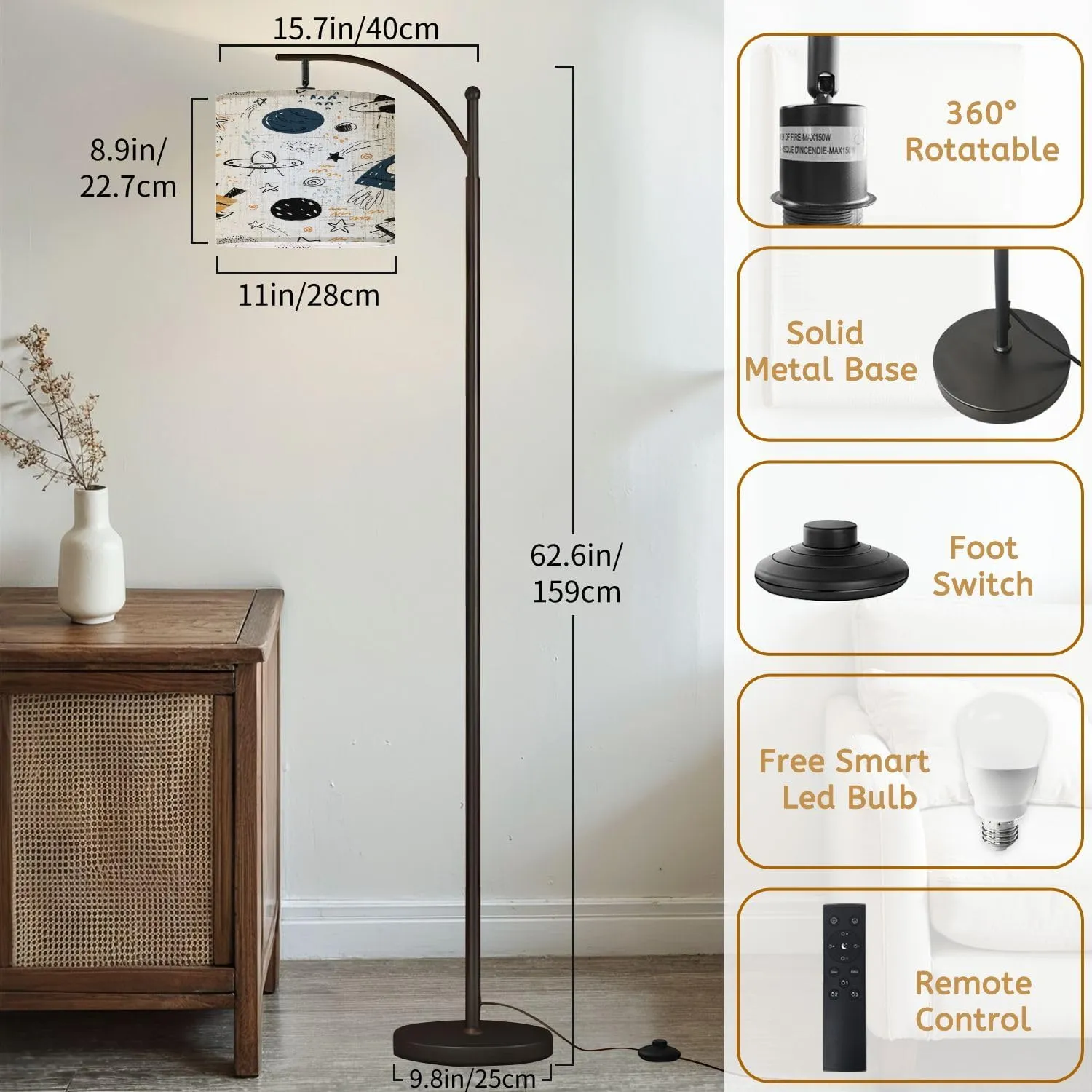 Arc Floor Lamps Hand Drawn Seamless Repeating Color Simple Flat Pattern Different Modern LED Adjustable Lampshade Standing Light for Living Room Reading Bedroom Office