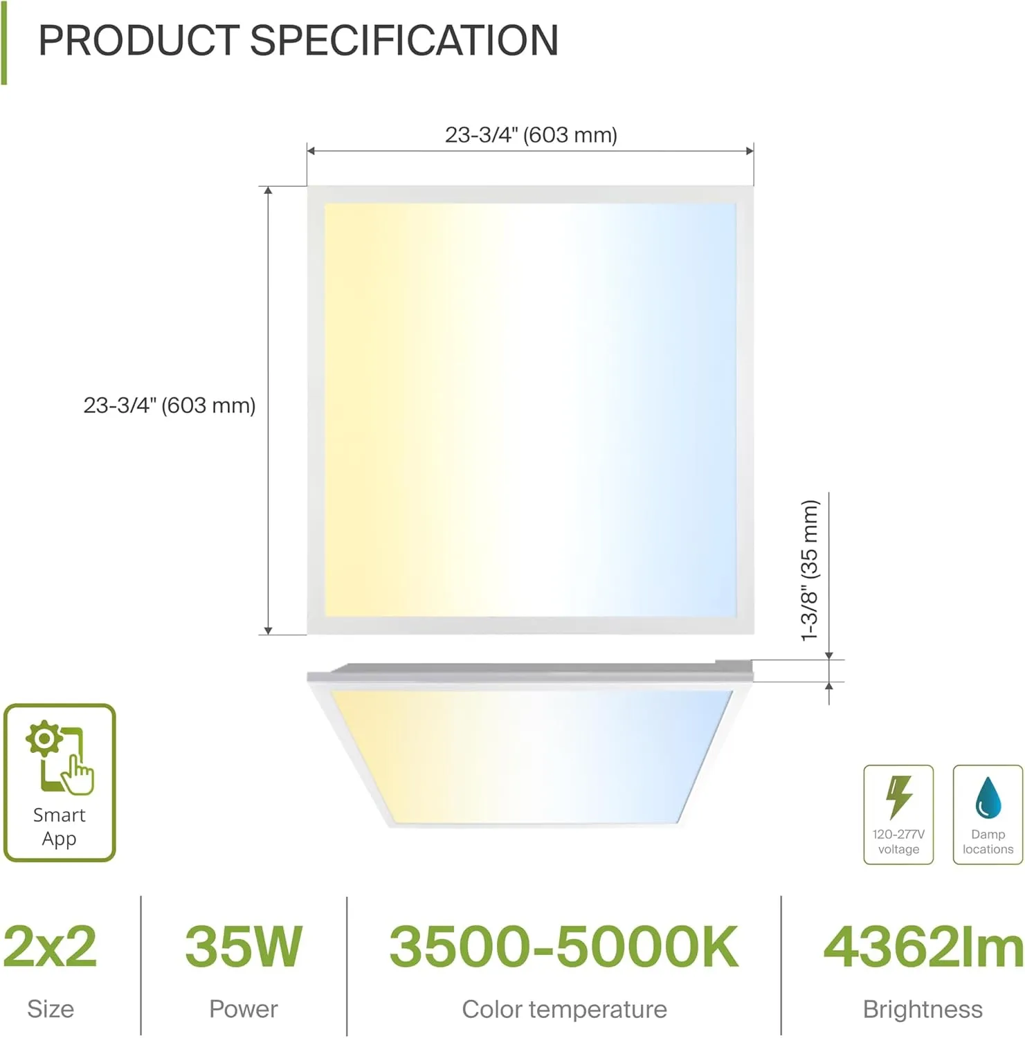 ASD 2 Pack 2x2 Smart LED Flat Panel Light - 35W UL DLC | 4362LM 3500K 4000K 5000K Selectable Dimmable 2x2 LED Drop Ceiling Light Fixture | 2 x 2 Lights WiFi App Controlled Alexa & Google Assistant