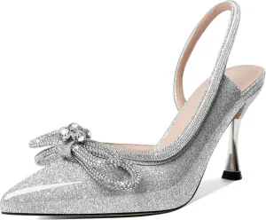 AUMOTED Women Rhinestone Bow Heels Stiletto High Heels Closed Pointed Toe Sexy Slingback Ankle Strap Pumps Wedding Bridal Dress Heeled Shoes 3.4 Inch
