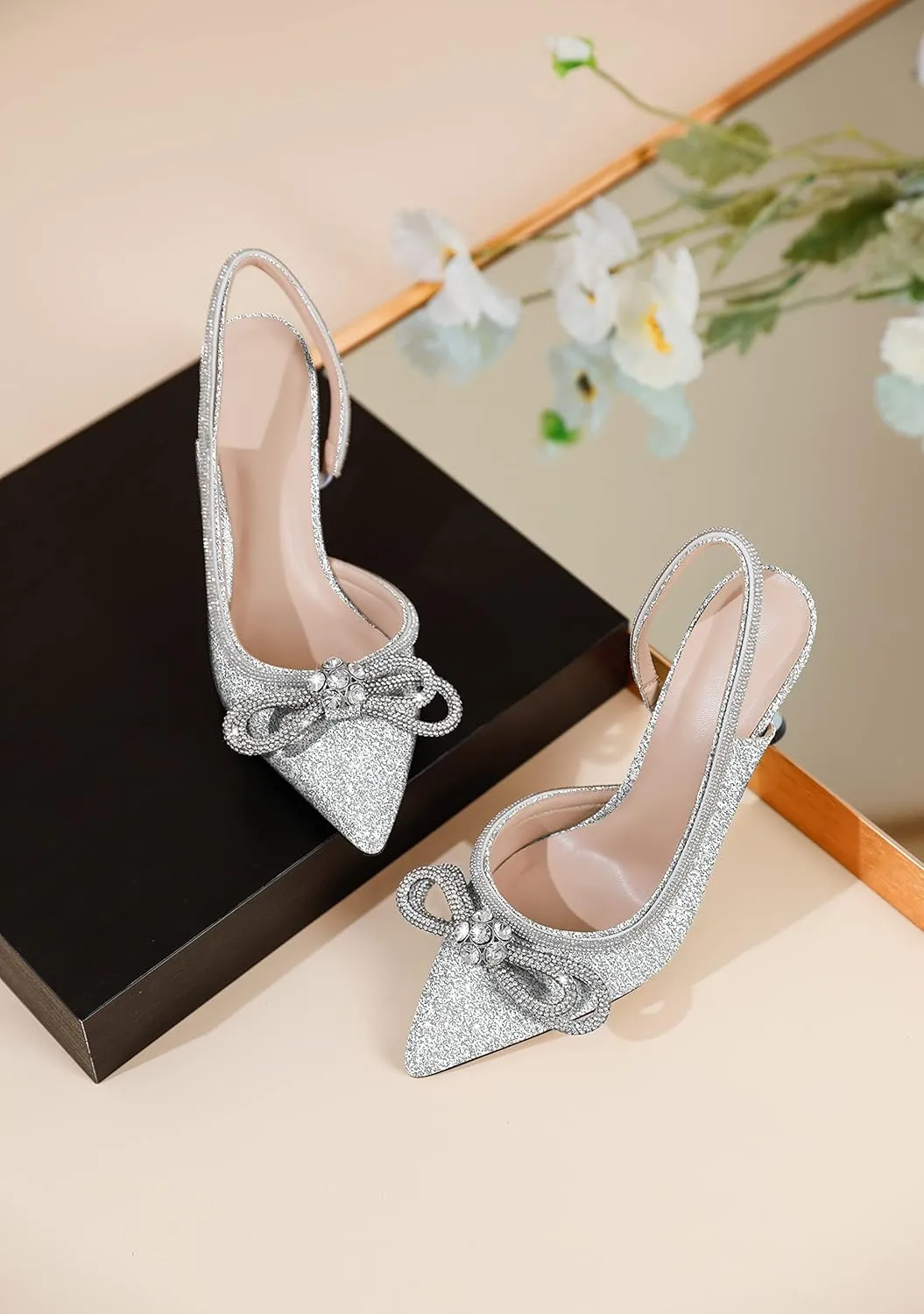 AUMOTED Women Rhinestone Bow Heels Stiletto High Heels Closed Pointed Toe Sexy Slingback Ankle Strap Pumps Wedding Bridal Dress Heeled Shoes 3.4 Inch