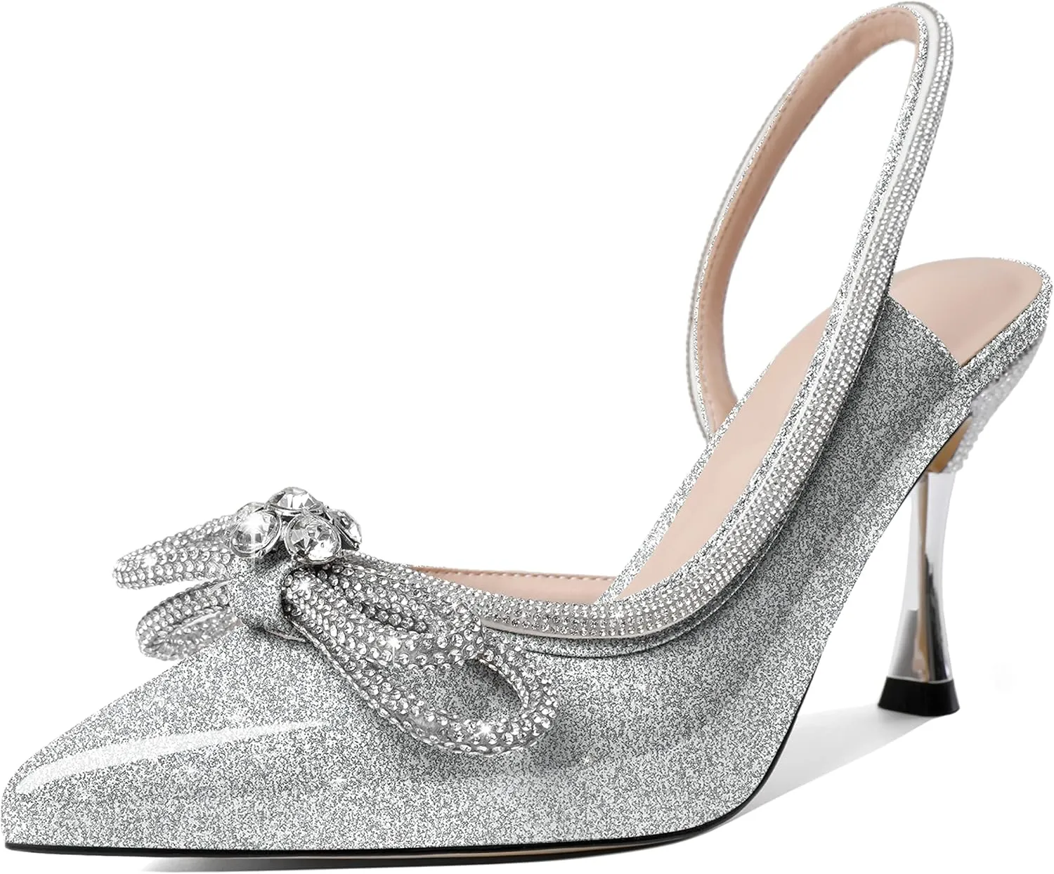 AUMOTED Women Rhinestone Bow Heels Stiletto High Heels Closed Pointed Toe Sexy Slingback Ankle Strap Pumps Wedding Bridal Dress Heeled Shoes 3.4 Inch