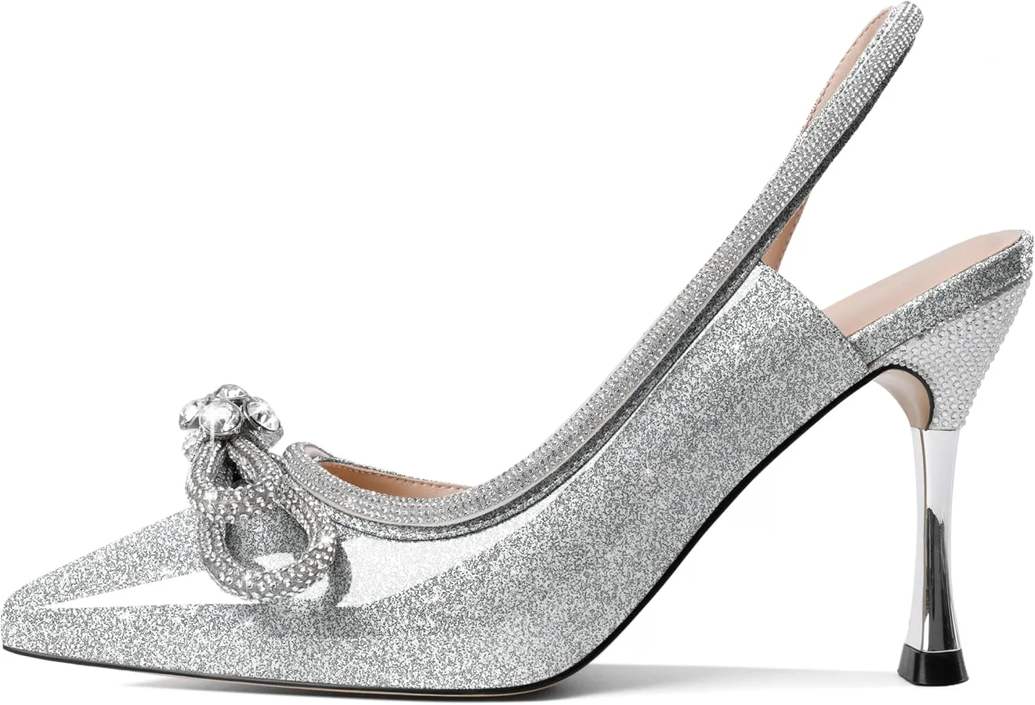 AUMOTED Women Rhinestone Bow Heels Stiletto High Heels Closed Pointed Toe Sexy Slingback Ankle Strap Pumps Wedding Bridal Dress Heeled Shoes 3.4 Inch