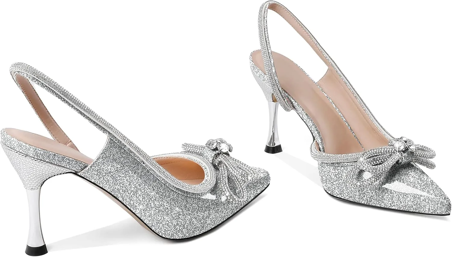 AUMOTED Women Rhinestone Bow Heels Stiletto High Heels Closed Pointed Toe Sexy Slingback Ankle Strap Pumps Wedding Bridal Dress Heeled Shoes 3.4 Inch