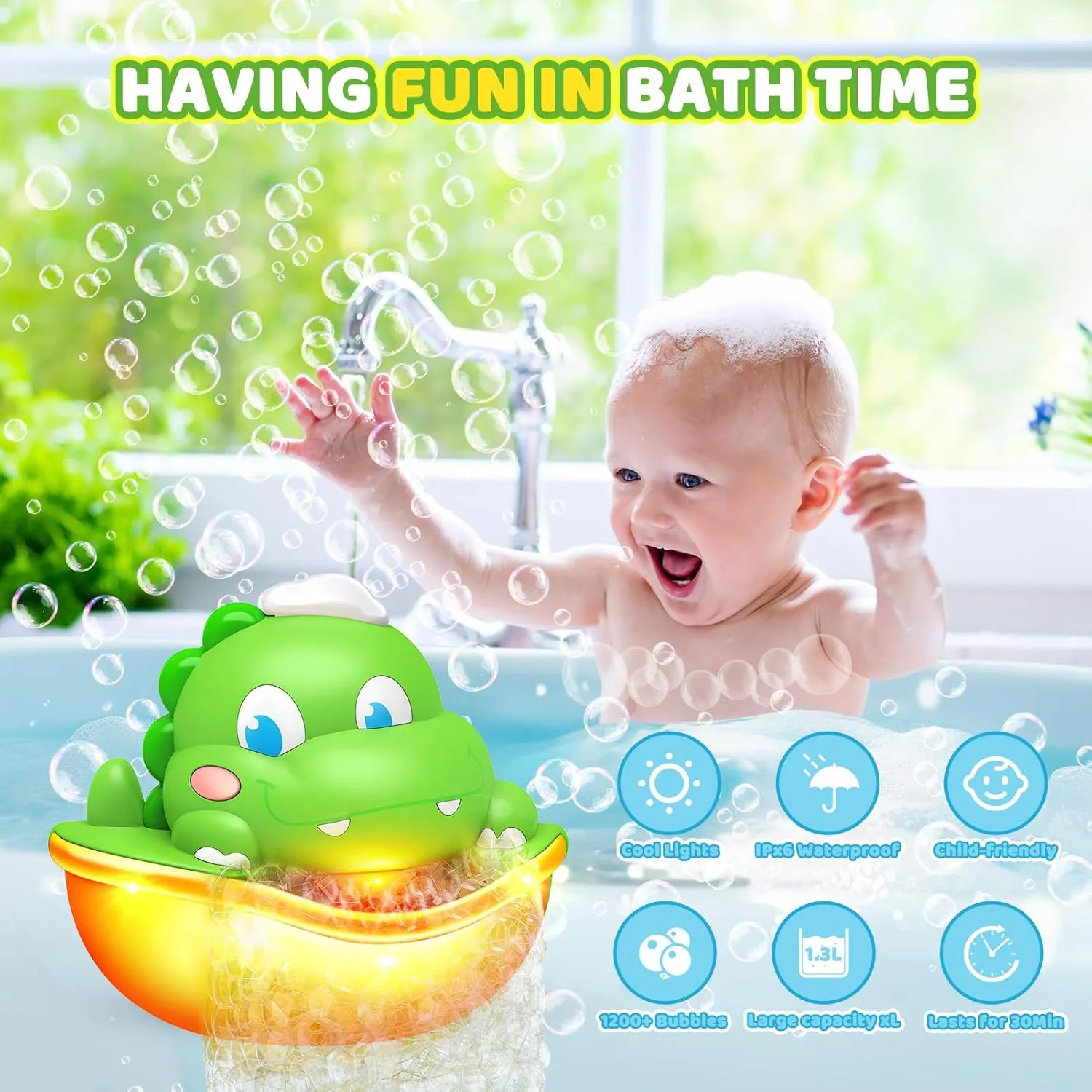 Baby Bath Toys,Light-Up Dinosaur Bath Bubble Machine Automatic Bubble Maker with Cool Light Bathtub Toys for Toddlers Birthday Gift Bath Toys for Kids Ages 1-3, Green