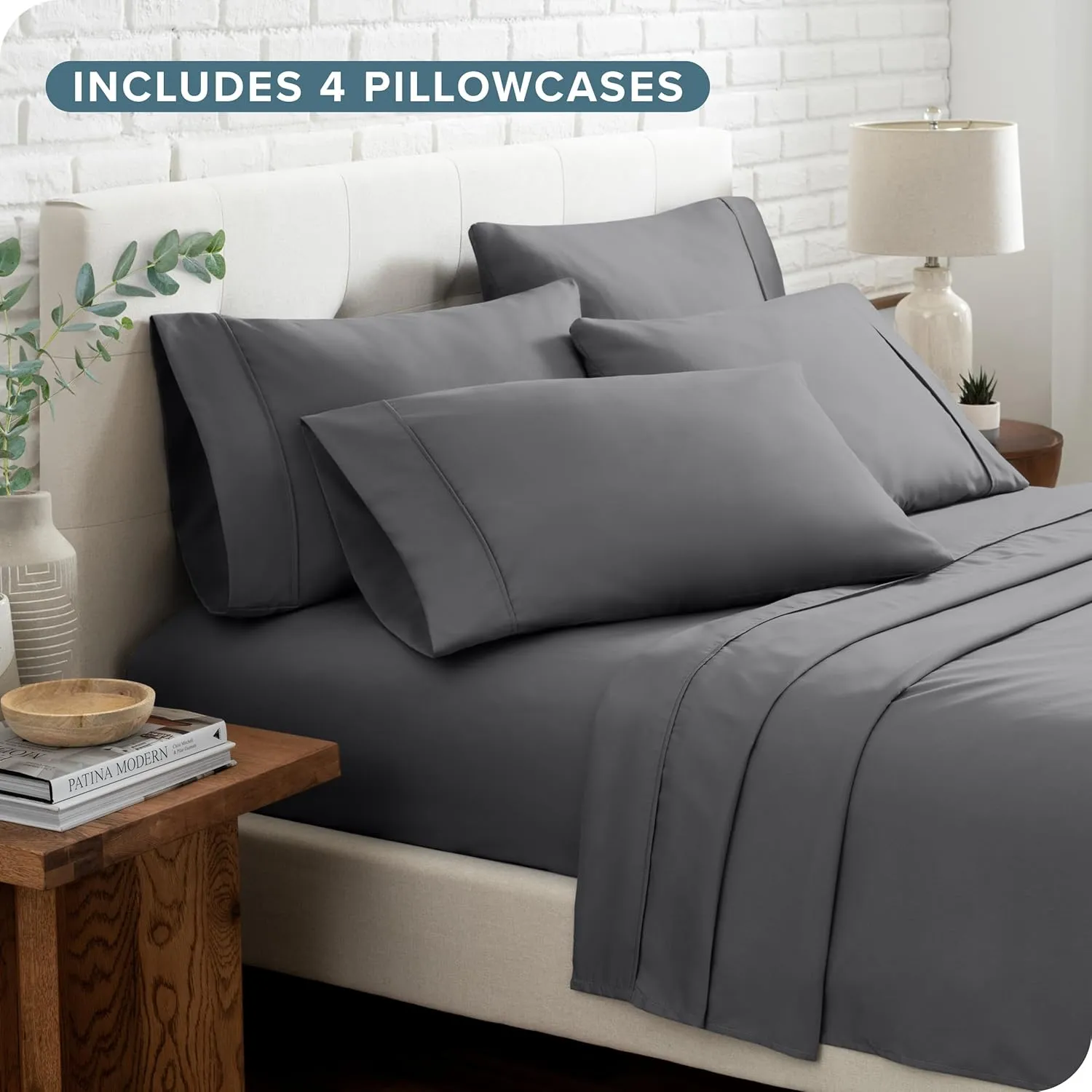 Bare Home Hotel Luxury Split Queen Sheet Set, Extra Soft, 7 Piece Set, Deep Pockets, Easy Fit, Cooling & Breathable, Wrinkle, Fade, Stain Resistant, Includes 4 Pillowcases (Split Queen, Grey)
