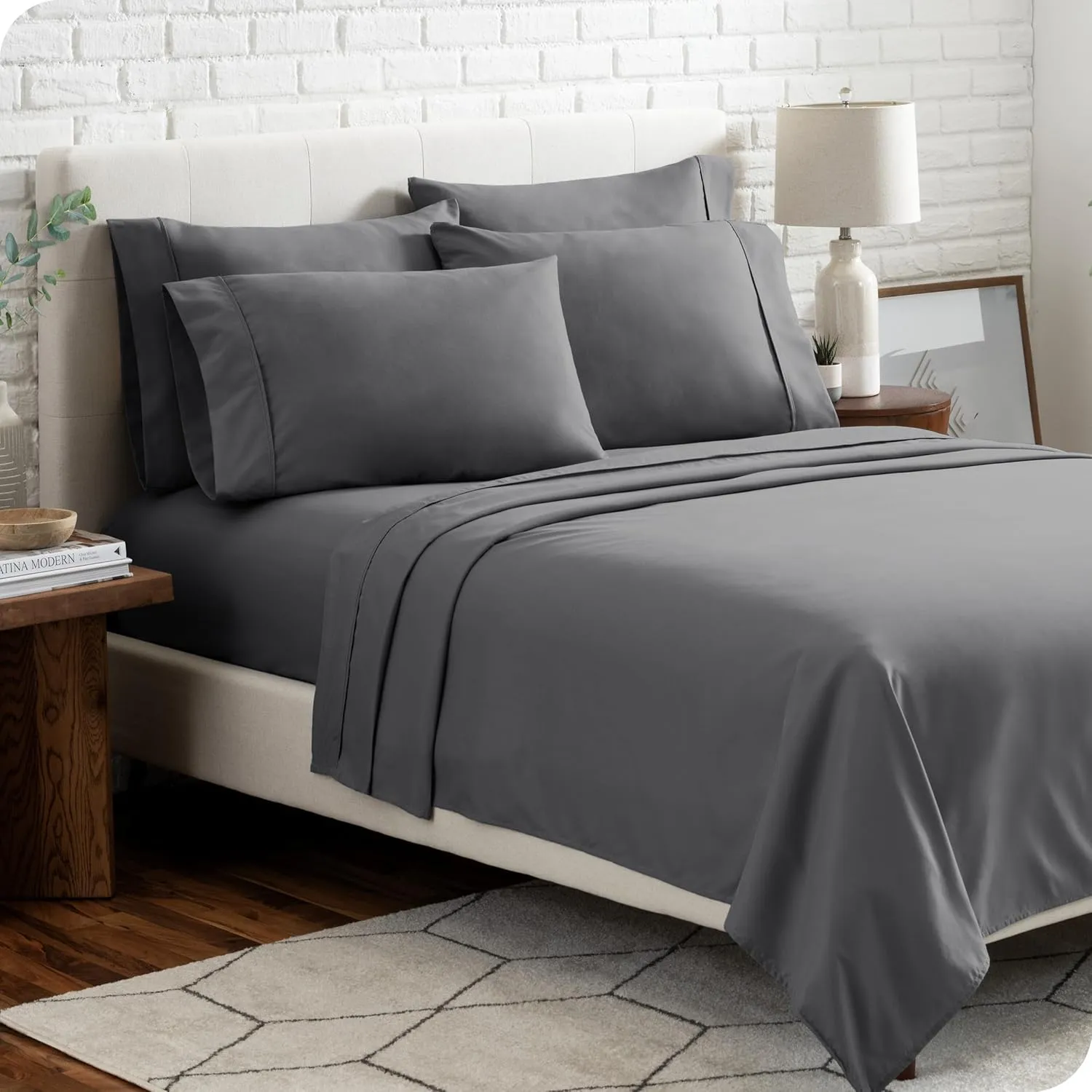 Bare Home Hotel Luxury Split Queen Sheet Set, Extra Soft, 7 Piece Set, Deep Pockets, Easy Fit, Cooling & Breathable, Wrinkle, Fade, Stain Resistant, Includes 4 Pillowcases (Split Queen, Grey)